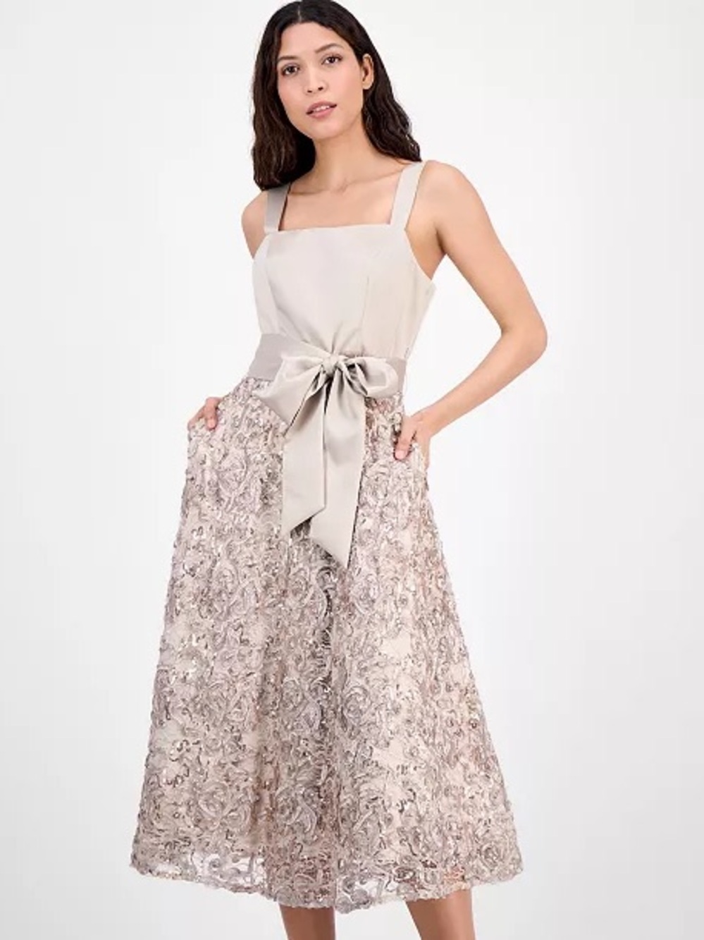 Tahari Cream Lace-Embellished Midi Dress with Satin Bow